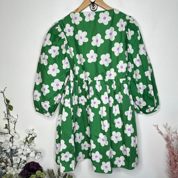 MIA LAYZELL Lupin Mini Wrap Dress Cotton Poplin Daisy Floral Green Sz S {3N30} - Picture 3 of 5
